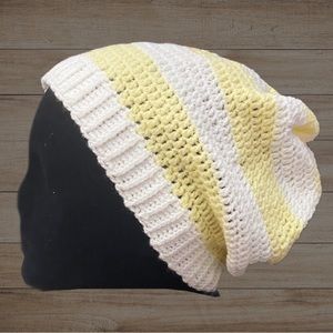Handmade Yellow and White Striped Crochet Beanie Winter Hat